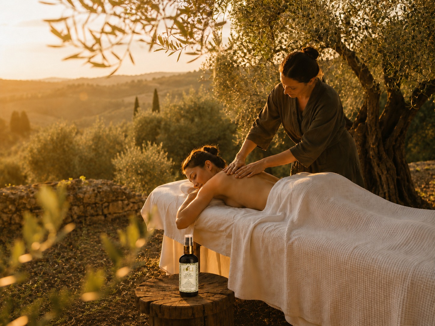 Esposizione prodotti èOLI in oliveto toscano al tramonto