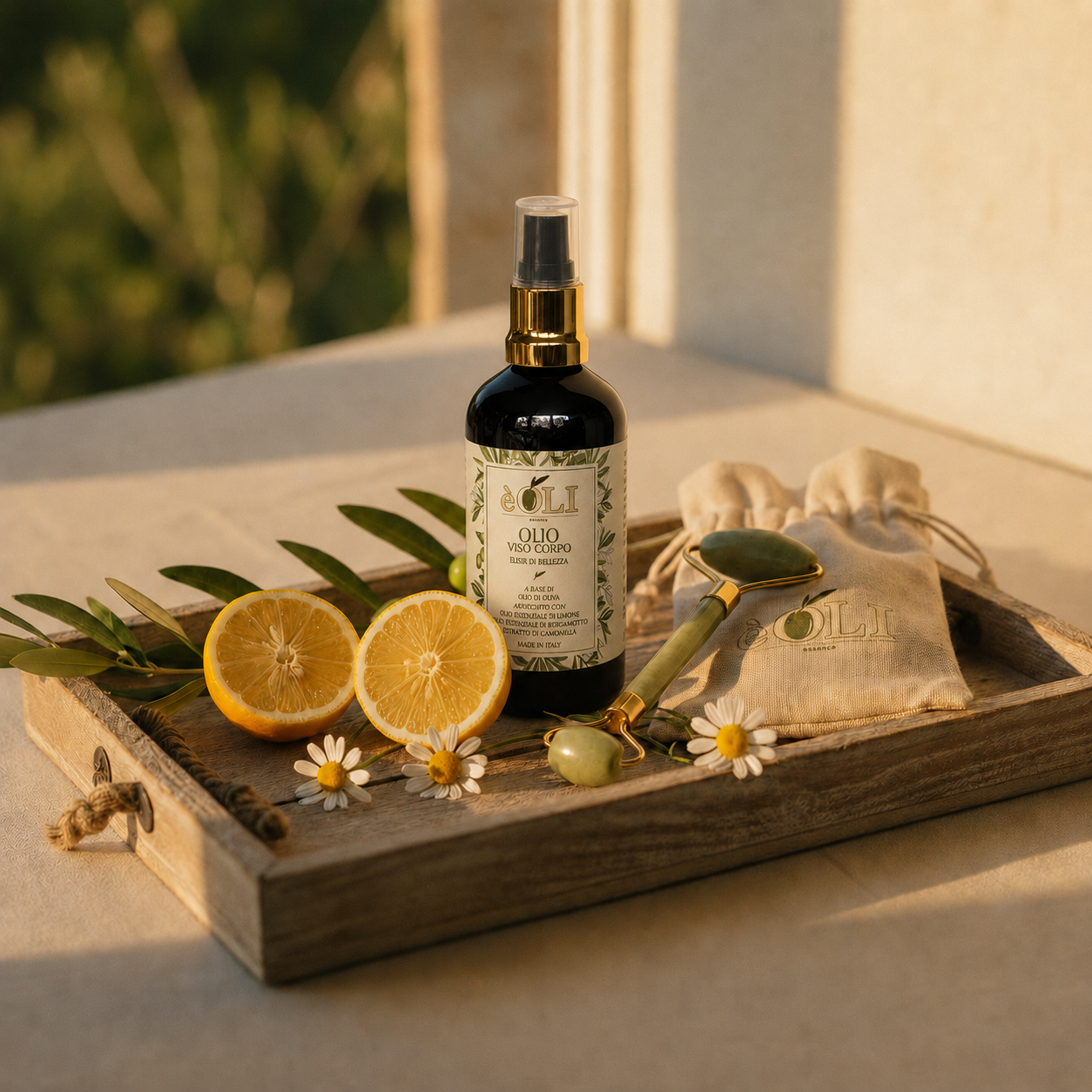 Kit rituale èOLI: flacone, rullo di giada e sacchetto in lino su vassoio in legno con limoni, camomilla e olive