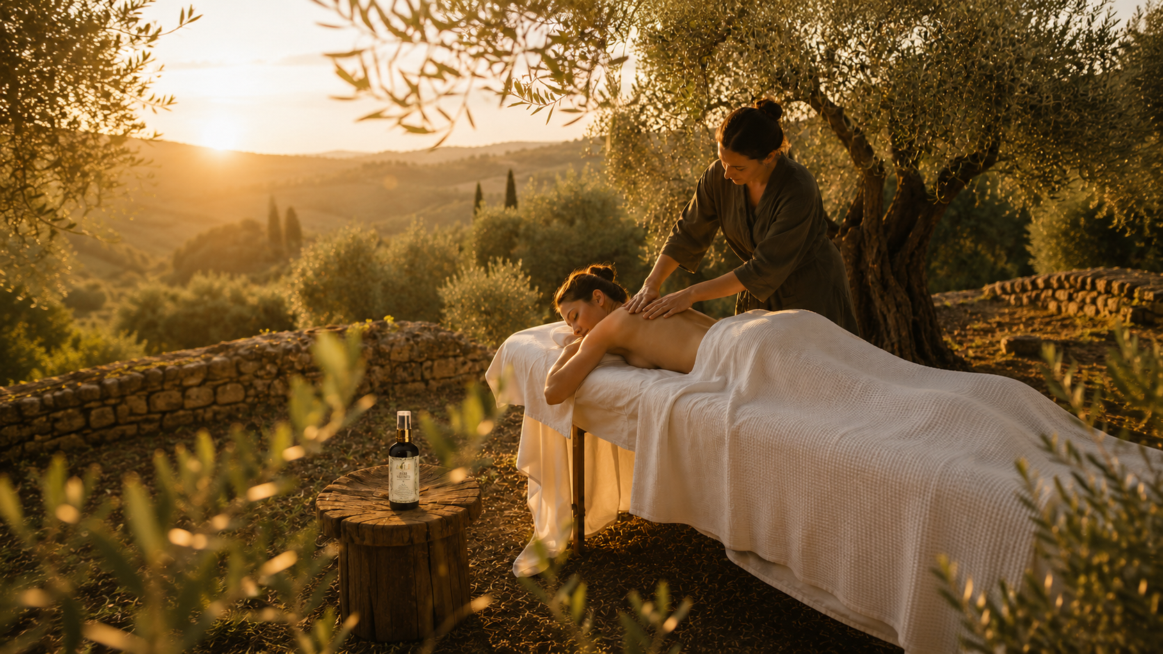 Esposizione prodotti èOLI su stand in oliveto toscano al tramonto