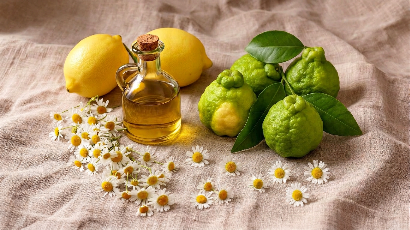 Composizione botanica con olio d'oliva, limoni, bergamotto e camomilla